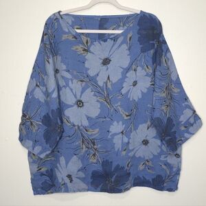 Made in Italy Linen Floral Top Oversized Boxy Blouse Blue Lagenlook Artsy OS